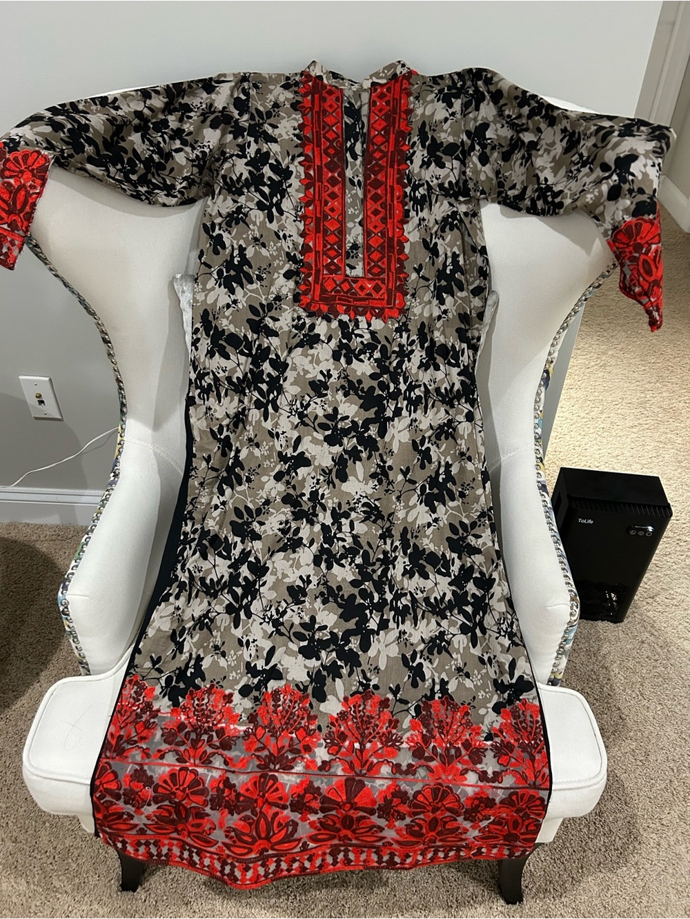 Women's Floral Embroidered Black & Red Tunic Dress